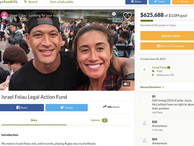 Israel Folau’s GoFundMe page was pulled down after raising more than $750,000. Picture: Supplied