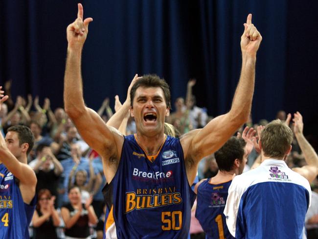 NBL 2007 Grand Final Game 1. Brisbane Bullets v Melbourne Tigers at Boondall stadium.  Mark Bradtke celebrates the victory.