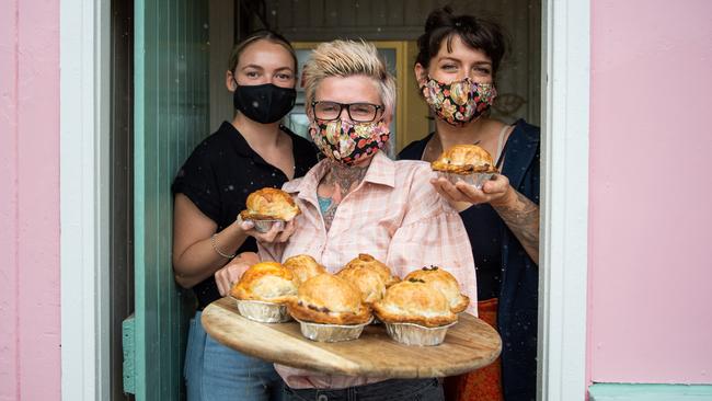 Nikki Snowdon, owner Bronwyn Mark and Roseana Brisbane get ready to open The Pie Shop in Yamba. Picture: Adam Hourigan