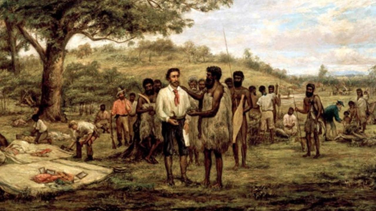 John Batman is depicted negotiating what is known as the Batman Treaty with the Kulin people in 1835. The treaty saw the Indigenous people hand over land for the foundation of Melbourne.