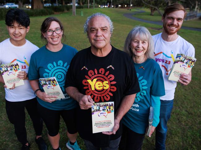 Yes23 campaign volunteers, Seong Shields, Sunday Blake McAllister, Boomanulla Williams, Paula Fulton and Jacob Cook handing out flyers for the Voice to Parliament. Picture: Justin Lloyd.