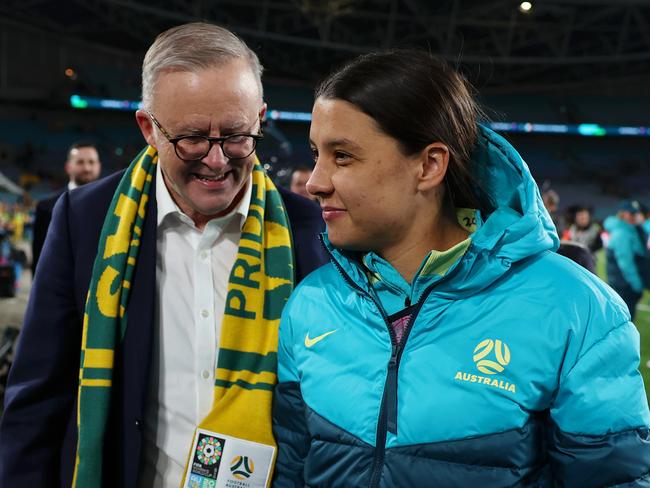 Prime Minister Anthony Albanese and Sam Kerr are pictured during the hugely successful FIFA Women’s World Cup in 2023. Picture: FIFA/FIFA via Getty Images