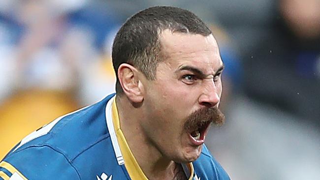 SYDNEY, AUSTRALIA - JUNE 20: Reagan Campbell-Gillard of the Eels celebrates scoring a try during the round 15 NRL match between the Parramatta Eels and the Canterbury Bulldogs at Bankwest Stadium, on June 20, 2021, in Sydney, Australia. (Photo by Mark Metcalfe/Getty Images)