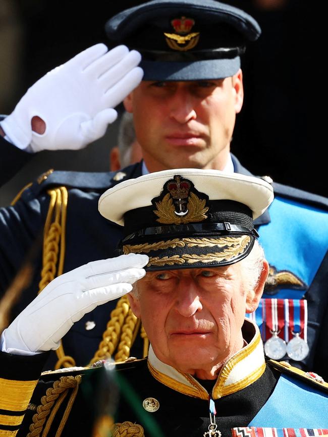 King Charles III and Prince William salute after the State Funeral of Queen Elizabeth II on September 19, 2022 in London, England. Picture: Getty Images