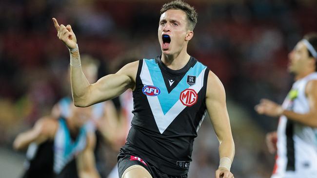 ADELAIDE, AUSTRALIA - APRIL 25: Orazio Fantasia of the Power celebrates after kicking a goal during the round six AFL match between the Port Adelaide Power and the St Kilda Saints at Adelaide Oval on April 25, 2021 in Adelaide, Australia. (Photo by Daniel Kalisz/Getty Images)