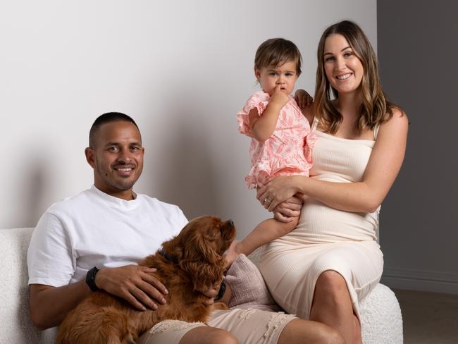 Australian cricketer Usman Khawaja with wife Rachel and daughter Aisha, one. Rachel is expecting their second child.