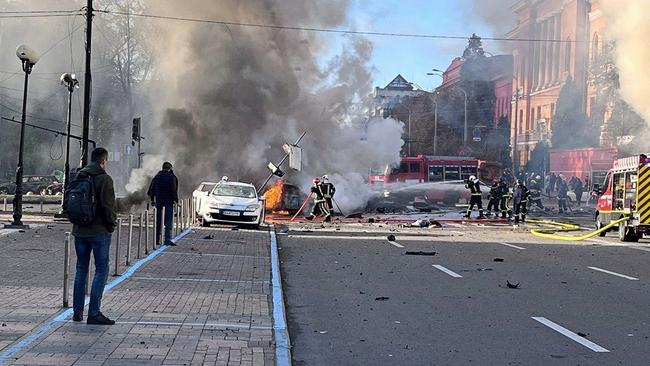 The aftermath of an explosions in central Kyiv, Ukraine, on Monday. Picture: Twitter