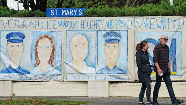 A mural dedicated to four Victorian police officers at St Mary's Primary School in Melbourne.