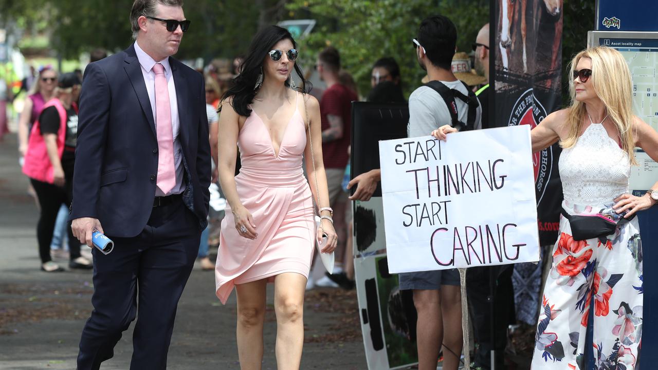 A protester at Brisbane’s Eagle Farm Racecourse fans gathered to watch the Melbourne Cup. Picture: Annette Dew