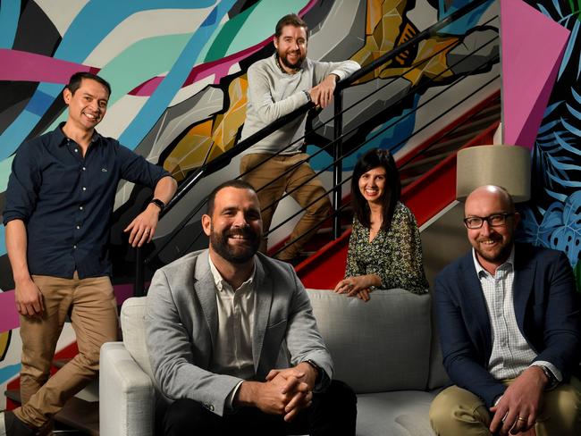 JP Media’s Jassa Amir-Lang and Josh Millard (on stairs) and Patrick Anderson, Lauren Ralph and Daniel Crago. Picture: Tricia Watkinson