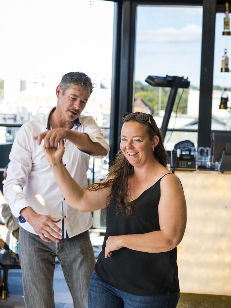 Richard Tomlinson of Street Salsa Toowoomba dances with Sarah Summers at the Sunday Arvo Street Salsa session at George Banks, Sunday, June 20, 2021. Picture: Kevin Farmer