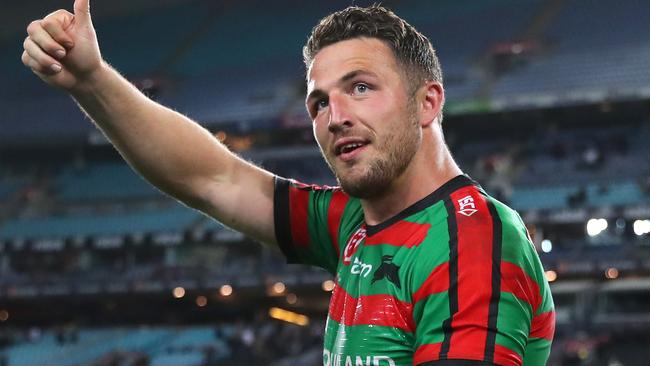 SYDNEY, AUSTRALIA - SEPTEMBER 05: Sam Burgess of the Rabbitohs thanks fans after winning the round 25 NRL match between the South Sydney Rabbitohs and the Sydney Roosters at ANZ Stadium on September 05, 2019 in Sydney, Australia. (Photo by Cameron Spencer/Getty Images)