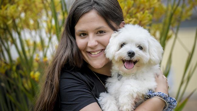 Trainee vet nurse Lauren Simpson of Holden Hill with her Maltese, Cruze. Picture: Roy VanDerVegt