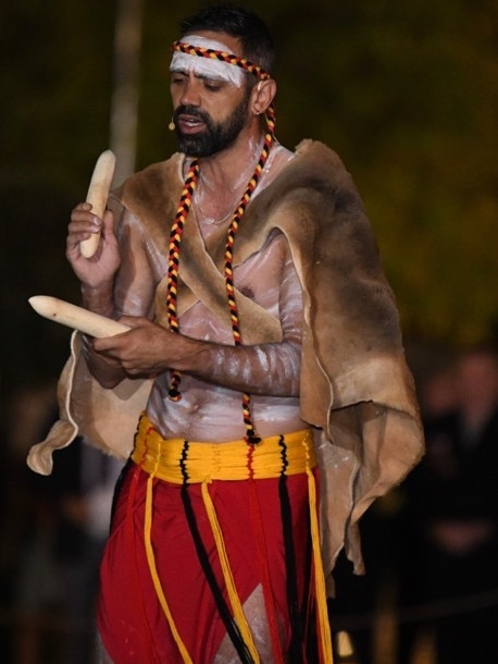 Kaurna leader Jack Buckskin performs at the Anzac Day Dawn Service at the National War Memorial, which was led by First Nations people in an SA first. Picture: Naomi Jellicoe