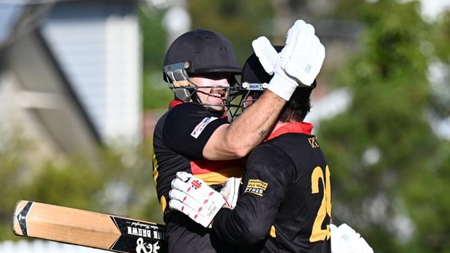 Cam Port and Jack Hodgson celebrate after St Joseph's win over Highton. Picture: Wes Cusworth