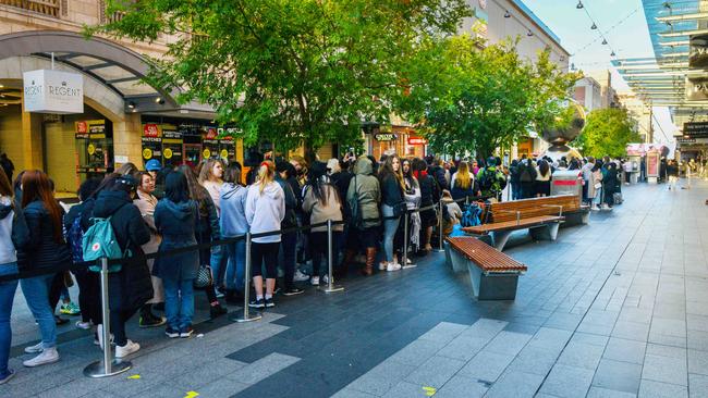 People waiting for the opening of Sephora in Rundle Mall. Picture: AAP/Brenton Edwards