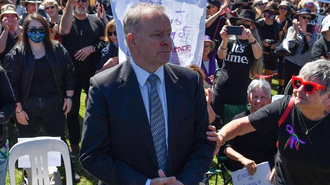 Opposition Leader Anthony Albanese is seen outside Parliament House at the protest. Picture: Sam Mooy/Getty Images