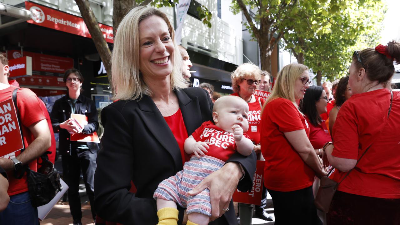 Rebecca White with baby Mavis Perry 3 months. Labor leader Rebecca White in the Elizabeth Street Mall ahead on the final day of the 2024 election campaign ahead of polling day. Picture: Nikki Davis-Jones