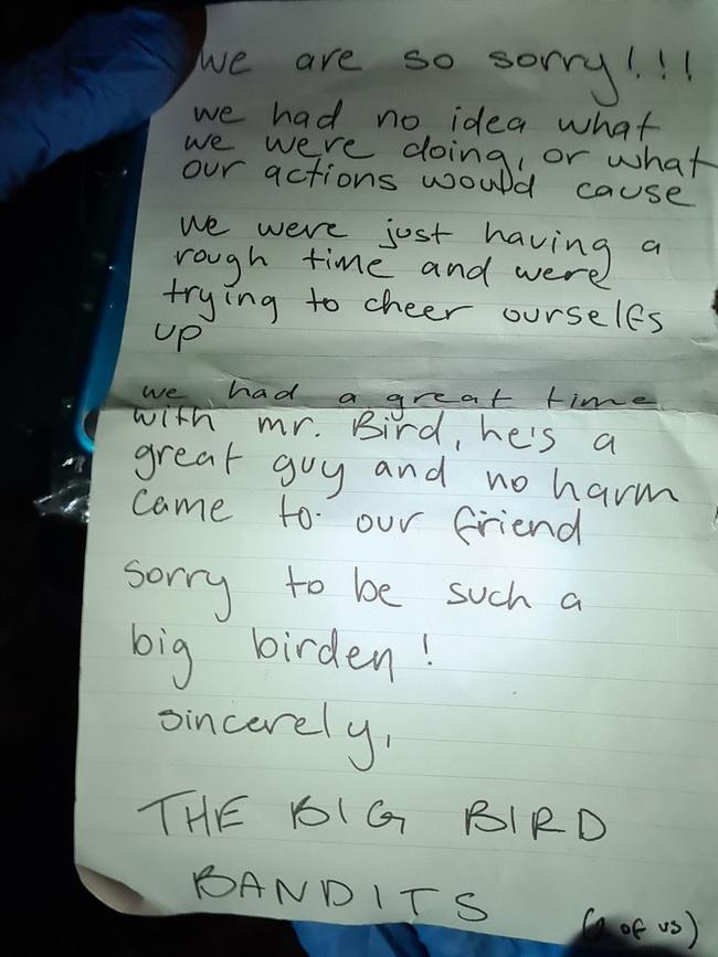 An apology letter from ‘the Big Bird Bandits’ accompanied the costume. Picture: SA Police