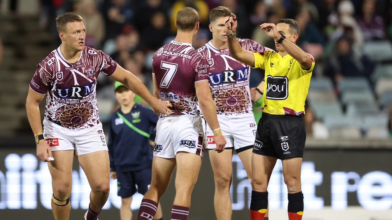 Manly’s Sean Keppie is sent to the sin bin. Picture: Getty