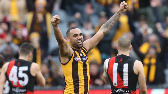 Shaun Burgoyne celebrates Hawthorn’s win over Essendon.