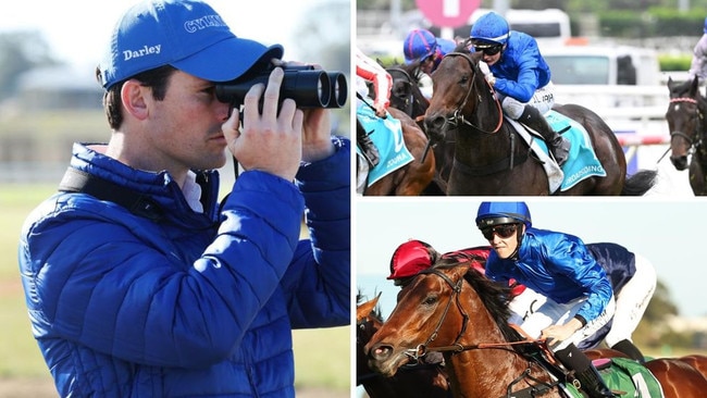 (Clockwise from left): Godolphin trainer James Cummings, Broadsiding and Traffic Warden. Main Picture: Rohan Kelly