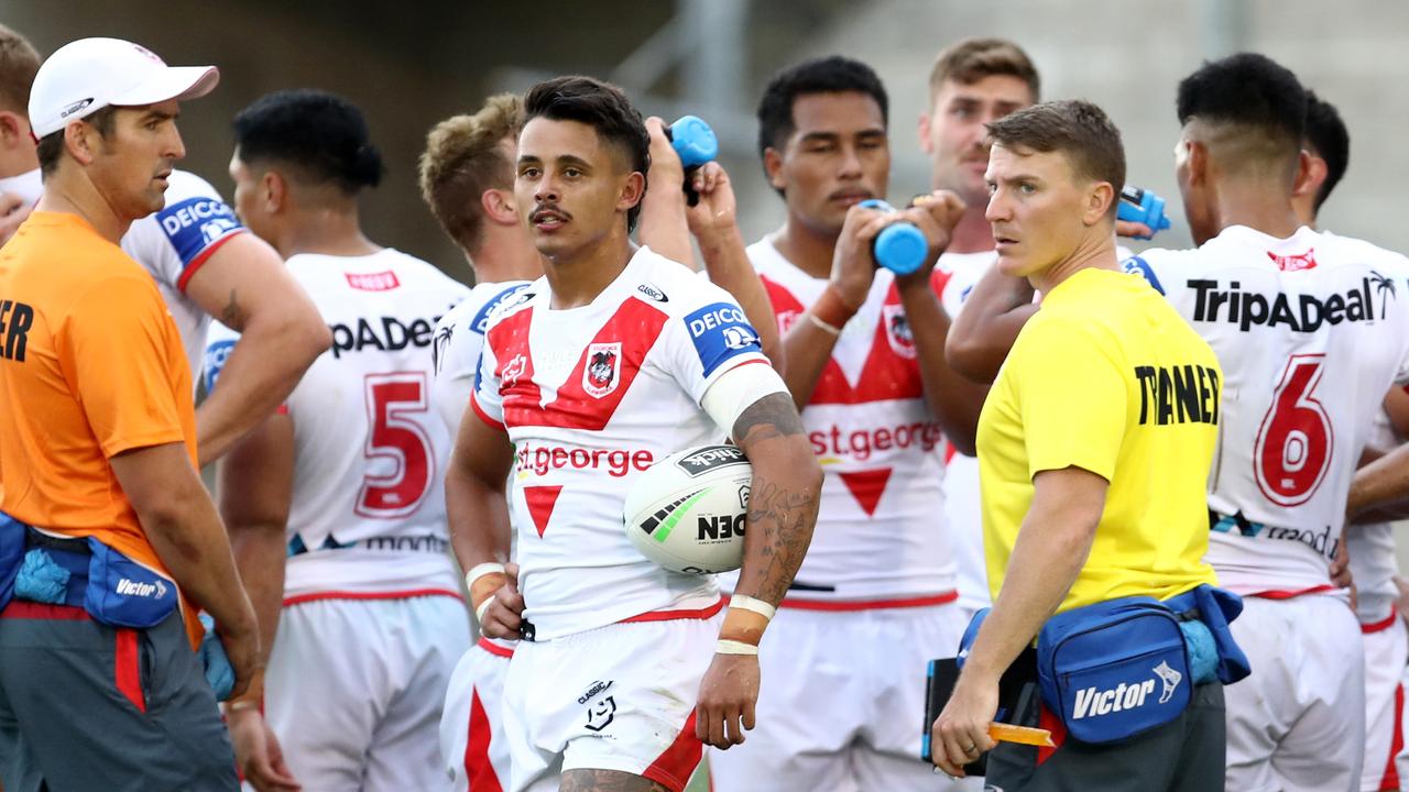 Dragons players, including Jayden Sullivan, look on after conceding a try during the NRL trial between the Cronulla Sharks and the St George Illawarra Dragons. Picture: Brendon Thorne/Getty Images