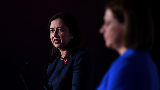 Queensland Premier Annastacia Palaszczuk and Queensland LNP Leader Deb Frecklington engage in a leaders debate at Brisbane Convention &amp; Exhibition Centre ahead of the state election on October 31. Picture: NCA NewsWire/Dan Peled