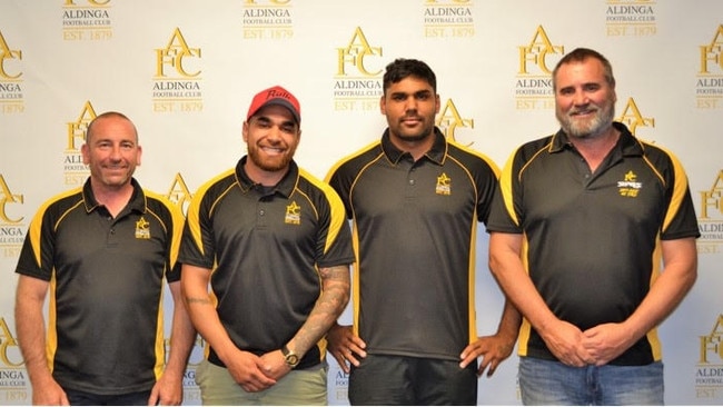 Aldinga president Danny Wilde with new playing coach Byron Sumner, Tim Sumner and club recruitment officer Andy Ricketts. Picture: Supplied, Aldinga Football Club