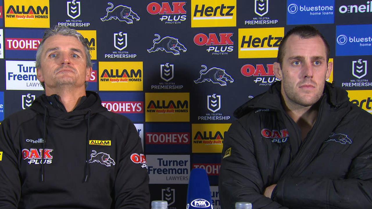 Ivan Cleary and Isaah Yeo in their press conference on Saturday night.