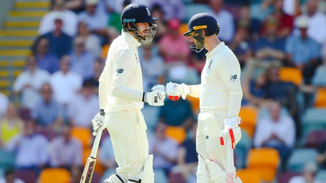 England's Mark Stoneman, right, congratulates teammate James Vince. Picture: AFP.