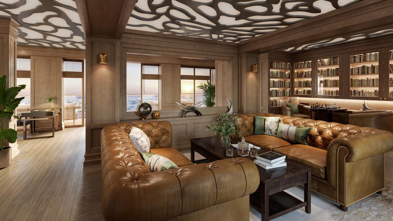 One of the many residential lounges — this one with a library — aboard the MV Narrative. (Picture: Storylines)