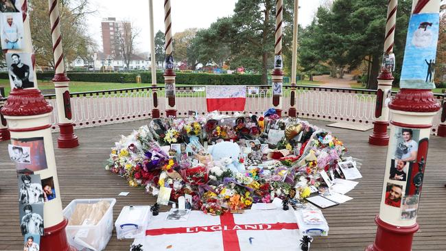 Flowers and tributes for One Direction's Liam Payne are seen in the bandstand of West Park not far from Payne’s hometown in Wolverhampton, England. Picture: Getty Images