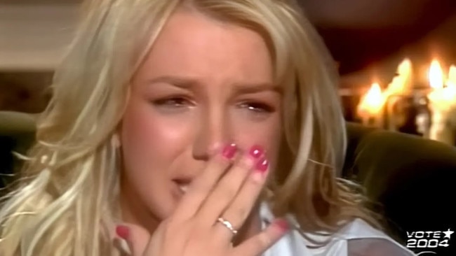 Britney broken down in tears during a TV interview in 2003. Picture from YouTube.