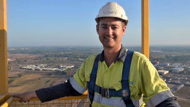 Tutt Bryant crane operator Michael Woods was one of the first people to be lifted 134m in the air by the Territory's tallest crane. Picture: Sierra Haigh