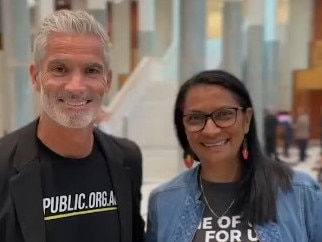 Craig Foster and Nova Peris pictured together in 2023 at Parliament House, Canberra . Picture: LinkedIn