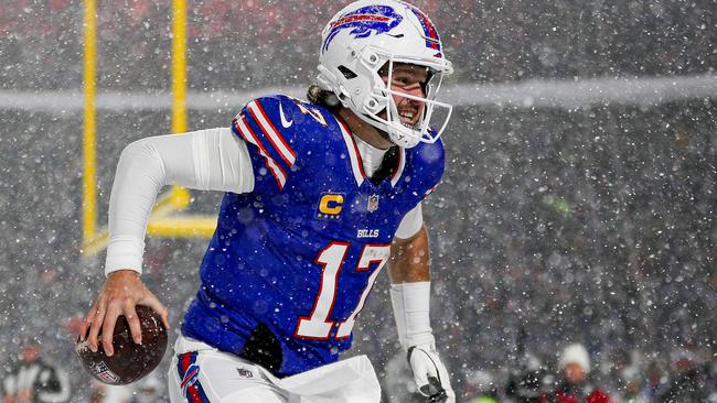 ORCHARD PARK, NEW YORK - DECEMBER 01: Josh Allen #17 of the Buffalo Bills celebrates after scoring a touchdown in the fourth quarter of a game against the San Francisco 49ers at Highmark Stadium on December 01, 2024 in Orchard Park, New York.   Bryan M. Bennett/Getty Images/AFP (Photo by Bryan M. Bennett / GETTY IMAGES NORTH AMERICA / Getty Images via AFP)