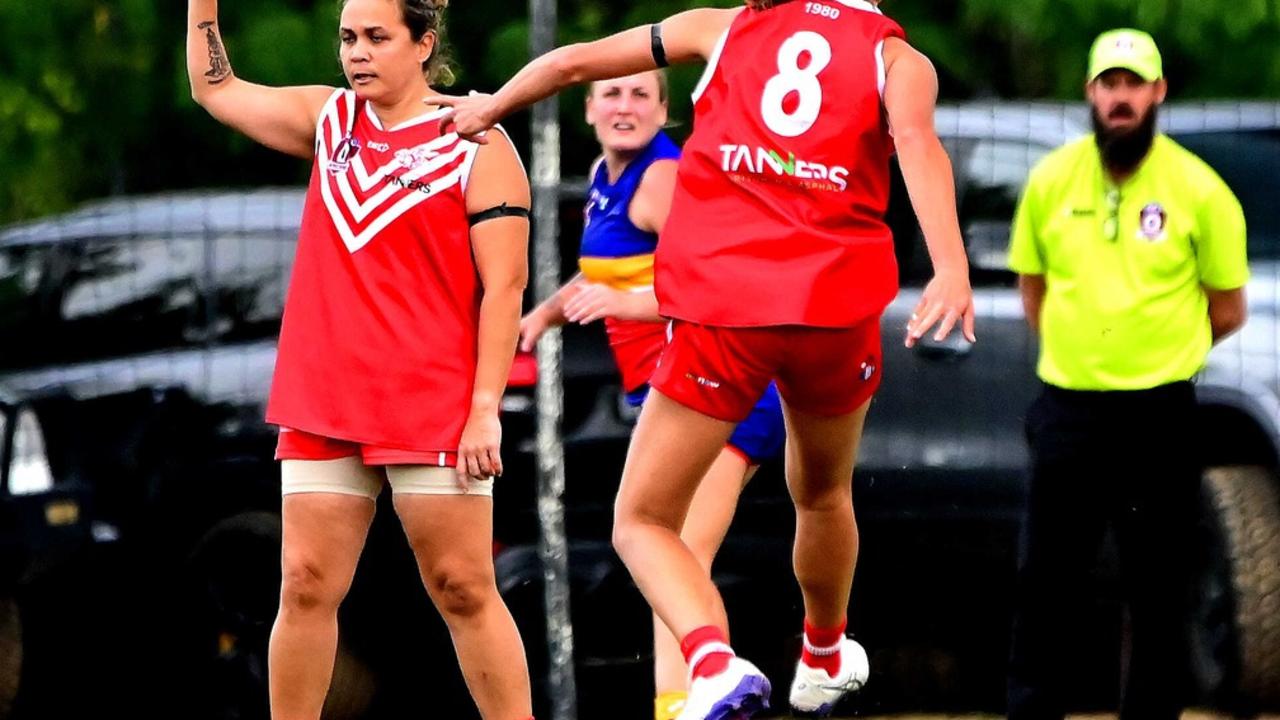 Yeppoon Swans' Tamara Creamer (left) kicked seven majors in her team's big win over the Gladstone Suns in the AFL Capricornia senior women's competition. Photo: George Vartabedian