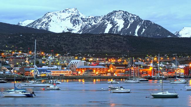 Ushuaia (Tierra del Fuego) with the night view from the port; Patagonia Argentina