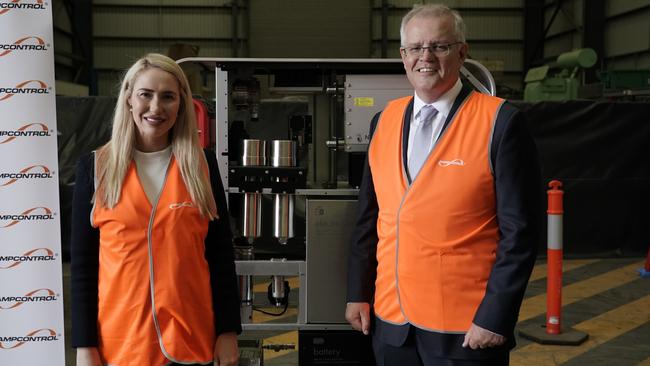 Prime Minister Scott Morrison visiting Ampcontrol with local Liberal candidate for Paterson, Brooke Vitnell. Picture: Adam Taylor