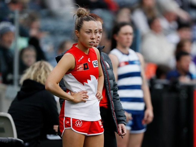 Paige Sheppard of the Swans looks on from the bench in 2022. Picture: Dylan Burns/AFL Photos via Getty Images.