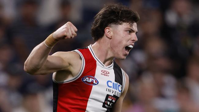 GEELONG, AUSTRALIA - MARCH 16:  Darcy Wilson of the Saints celebrates a goal during the round one AFL match between Geelong Cats and St Kilda Saints at GMHBA Stadium, on March 16, 2024, in Geelong, Australia. (Photo by Darrian Traynor/Getty Images)