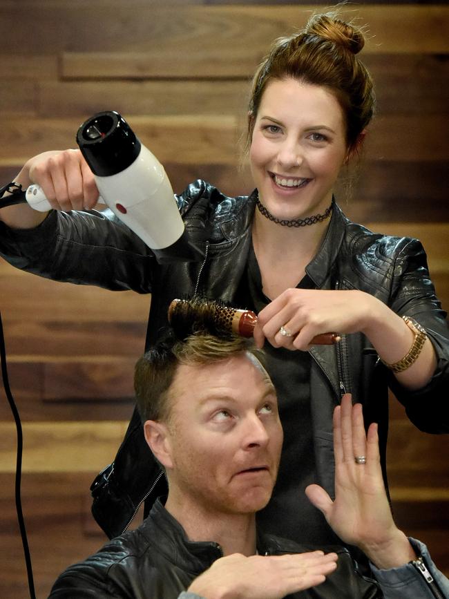 Clip Joint’s Eliza styles Tim Campbell’s quiff. Picture: Roy VanDervegt