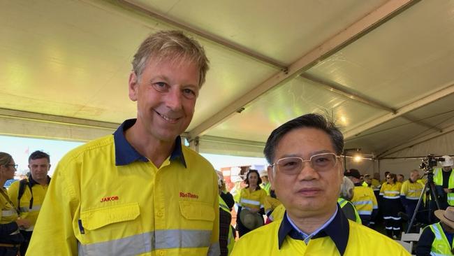 Rio Tinto CEO Jakob Stausholm and China Baowu Group chair Hu Wangming in the Pilbara. Picture: Brad Thompson