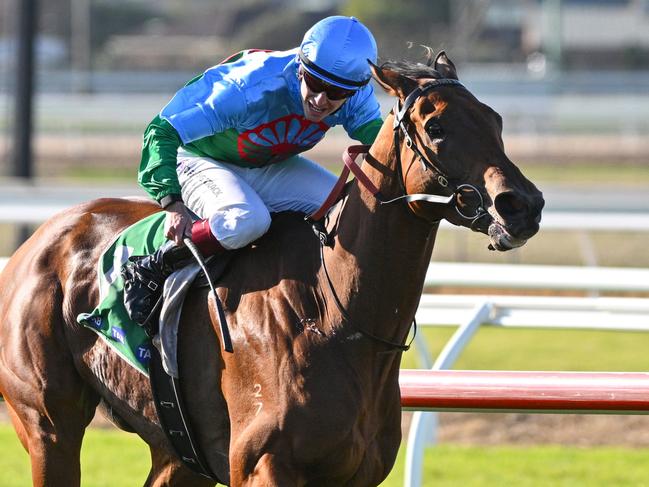 WARRNAMBOOL, AUSTRALIA - MAY 01: Fred Kersley riding Tuvalu winning race 8, the The Midfield Group Wangoom Handicap during Galleywood Day at Warrnambool Racecourse on May 01, 2024 in Warrnambool, Australia. (Photo by Vince Caligiuri/Getty Images)