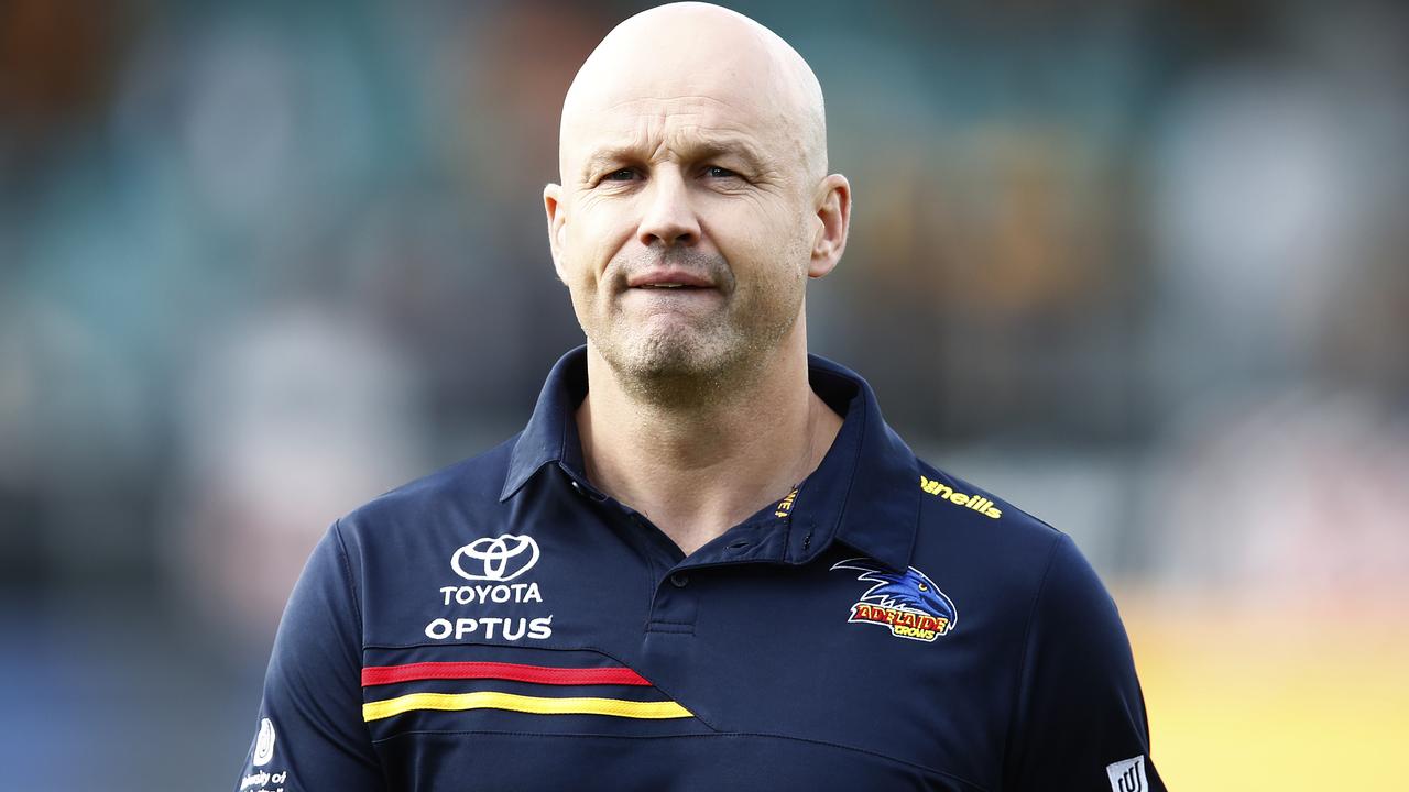 LAUNCESTON, AUSTRALIA - APRIL 25: Crows Head coach Matthew Nicks looks on during the round six AFL match between the Hawthorn Hawks and the Adelaide Crows at University of Tasmania Stadium on April 25, 2021 in Launceston, Australia. (Photo by Daniel Pockett/Getty Images)
