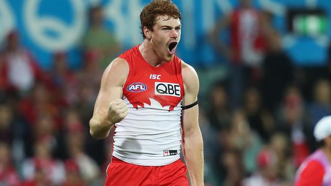 Gary Rohan celebrates a goal against Adelaide. Picture: Phil Hillyard