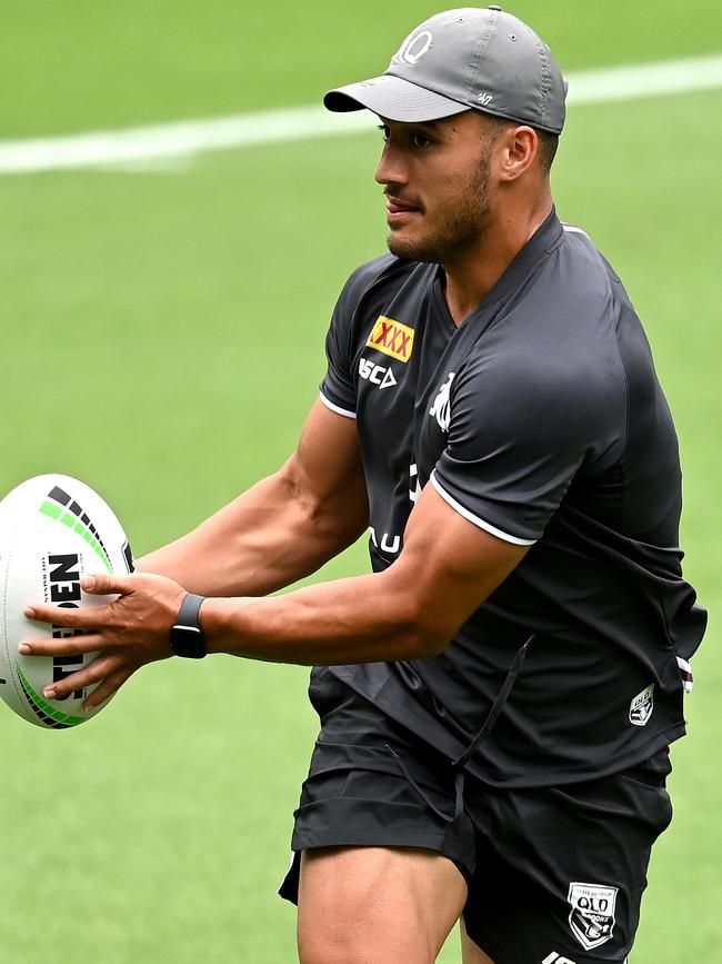 Valentine Holmes in action during a Queensland Maroons State of Origin training session at Cbus Super Stadium on October 27, 2020 in Gold Coast, Australia. (Photo by Bradley Kanaris/Getty Images)