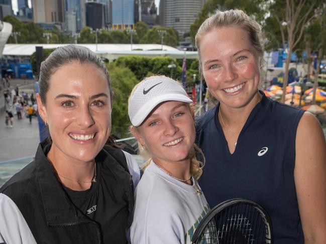 Gold Coast women tennis players Kim Birrell, Emerson Jones and Olivia Gadecki together in Melbourne ahead of the Australian Open. Picture: Tony Gough.