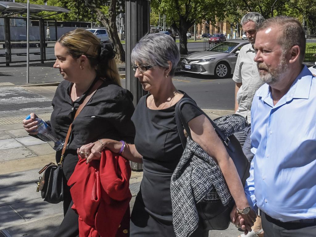 Chelsea’s mother, Debra Ireland (centre), with sister Maddie Ireland and dad Greg Ireland (right), gave a statement in Monday’s presentencing hearing. Picture: NCA NewsWire/Roy VanDerVegt